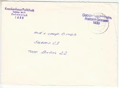 Bedarfsbrief, Gebühr bezahlt beim Postamt Gransee, 1430, o Zehdenick, ....88