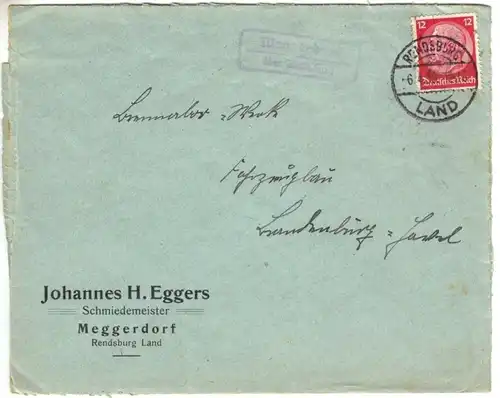 Landpoststempel, Poststelle II, Meggerdorf über Rendsburg, Rendsburg, 6.4.38