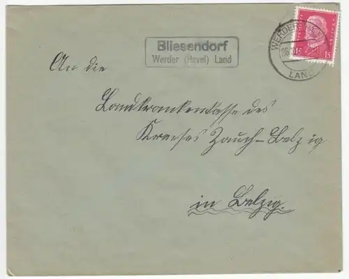 Landpoststempel, Bliesendorf Werder (Havel) Land, Werder (Havel) Land, 28.10.32