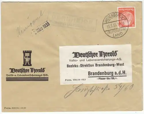 Landpoststempel, Poststelle II, Bernheide Wittenberge (Bz.Potsdam) Land, 13.3.33