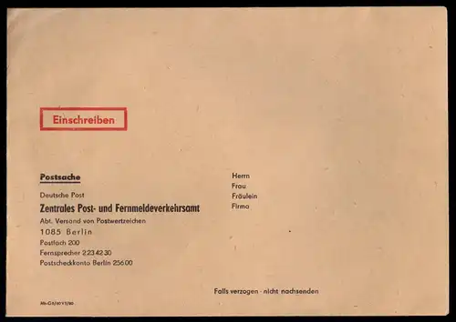 drei blanko Postsachenumschläge, Versandstelle für Postwertzeichen, DDR, 1990