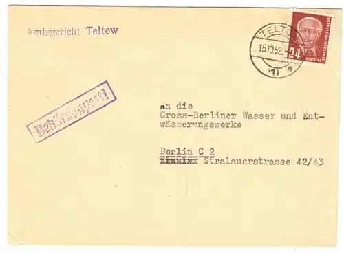 Bedarfsbrief, Behördenpost, Amtsgericht Teltow, Michel Nr. DDR 252 EF, 15.10.52