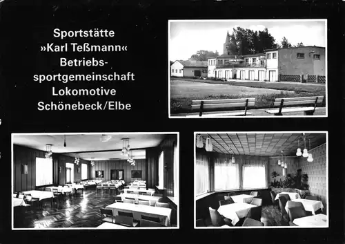 AK, Schönebeck Elbe, Sportstätte des BSG Lokomotive Schönebeck, drei Abb., 1982