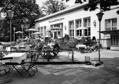 AK, Dresden, Gaststätte Carolaschlößchen im Großen Garten, Terrasse, 1971