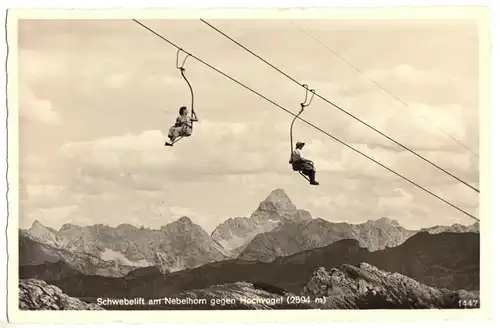 AK, Oberstdorf, Schwebelift am Nebelhorn gegen Hochvogel, 1954