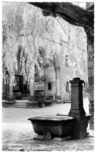 AK, Heidelberg, Heidelberger Schloß, Morgensonne im Schloßhof, um 1961