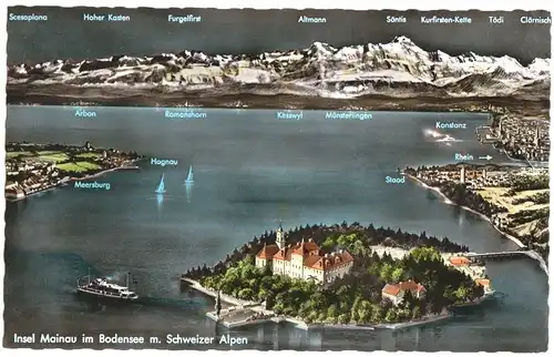 AK, Insel Mainau und Konstanz Bodensee, Luftbildansicht, um 1962