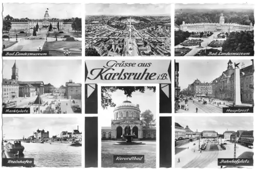 AK, Karlsruhe i. B., acht Abb., 1955