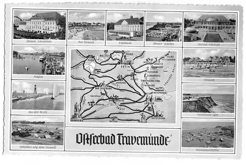 AK, Ostseebad Travemünde, elf Abb. und Landkarte des Umlandes, um 1957