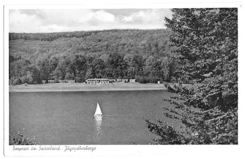 AK, Sorpsee im Sauerland, Blick zur Jugendherberge, um 1955