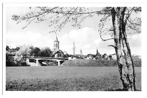 AK, Waiblingen, Teilansicht mit Kirche, um 1955