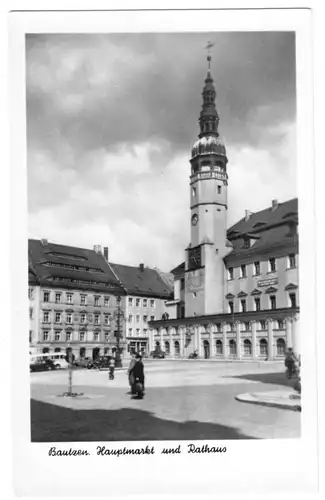 AK, Bautzen, Hauptmarkt mit Rathaus, 1955