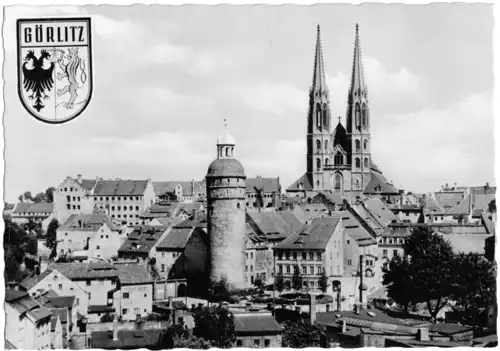 AK, Görlitz, Blick über die Altstadt mit Wappen, 1962