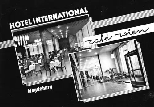AK, Magdeburg, Hotel "International", Café "Wien", zwei Abb., gestaltet, 1966