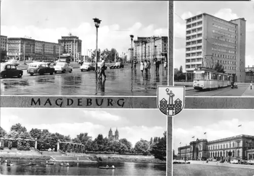 AK, Magdeburg, vier Abb., u.a. Straßenbahn, 1965