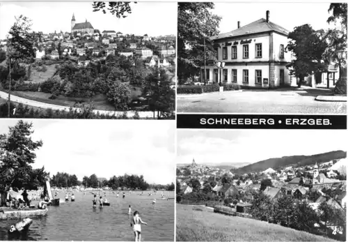 AK, Schneeberg Erzgeb., vier Abb., u.a. "Haus der Einheit", 1985