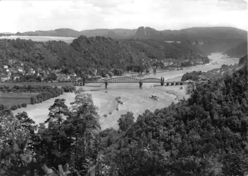 AK, Bad Schandau Sächs. Schweiz, Blick ins Elbtal mit Bad Schandau, 1970