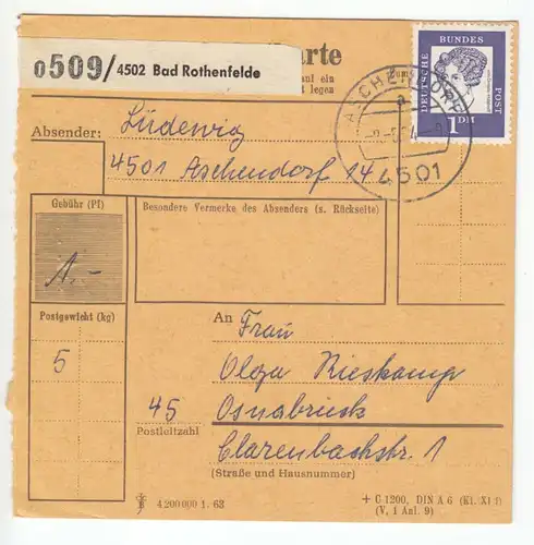 Paketkarte, Michel-Nr. BRD 361y EF, o Aschendorf, 4501, 8.5.64