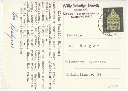Bedarfskarte, Michel-Nr. BRD 279 EF, o (16) Kassel 1, 18.12.57