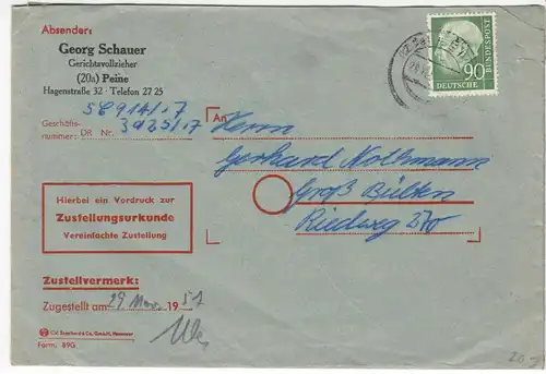 Brief mit Zustellurkunde, Michel-Nr. BRD 265x, EF, o (20a) Peine, 29.11.57