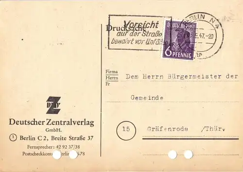 Drucksachenkarte, Michel-Nr. Einheit 944 EF, o Berlin N 4, 5.9.47