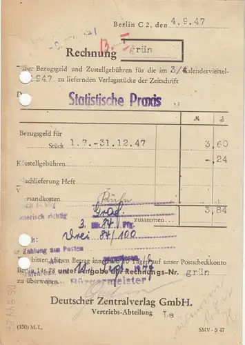 Drucksachenkarte, Michel-Nr. Einheit 944 EF, o Berlin N 4, 5.9.47