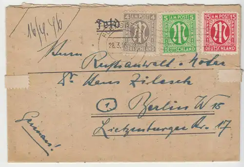 Bedarfsbrief, Michel-Nr., Bizone 2 MiF 3; 24, o Flensburg 28.3.46
