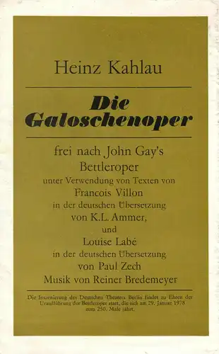 Theaterprogramm, Deutsches Theater Berlin, Die Galoschenoper, 1978