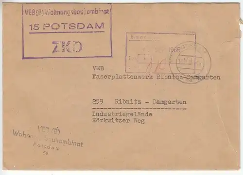ZKD-Brief, VEB (B) Wohnungsbaukombinat, 15 Potsdam, o Potsdam, 16.9.66