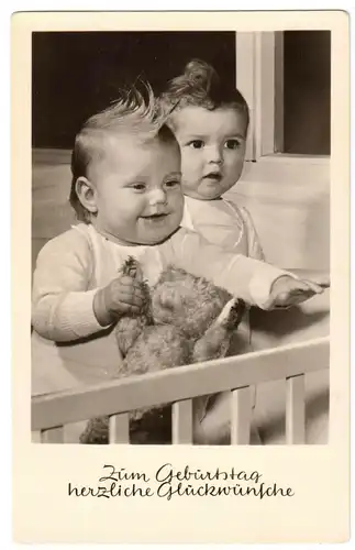Ansichtskarte, Geburtstag, zwei Kleinkinder mit Teddy, 1967