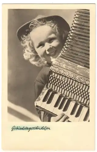 Ansichtskarte, Geburtstag, Mädchen mit Akkordeon, 1953