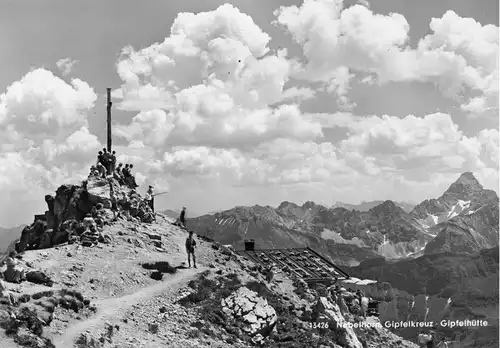 AK, Oberstdorf Allgäu, Nebelhorn, Gipfelkreuz und Gipfelhütte, um 1955