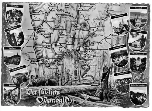 AK, Der südliche Odenwald, Landkarte und 12 Miniabb., 1957