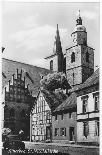 AK, Jüterbog, Straßenpartie mit St. Nikolaikirche, 1961