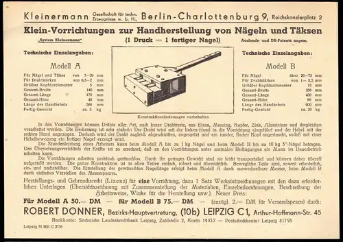 Werbeblatt, Fa. Kleinermann Berlin Charlottenburg 9 für Vorrichtungen.., um 1950