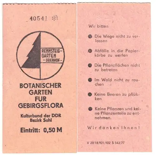 zwei Eintrittskarten, Oberhof Thür., Rennsteiggarten, 1977