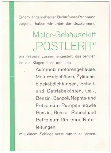 Werbezettel, Fa. Postlerit-Werke AG, Dresden A 46, Motor-Gehäusekitt, um 1950