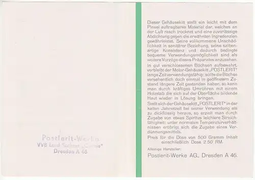 Werbezettel, Fa. Postlerit-Werke AG, Dresden A 46, Motor-Gehäusekitt, um 1950