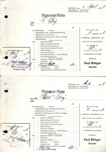 zwei Honorar-Nota, Dentist Paul Böttger, Erfurt, Meyfartstr. 18, 1941/42