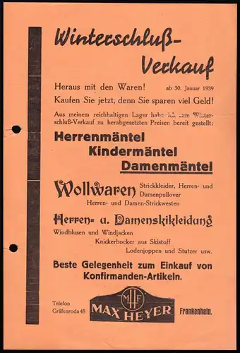 Werbeblatt der Fa. Max Heyer, Frankenhain Thür. für Bekleidung, 1939