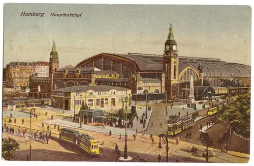 AK, Hamburg, Hauptbahnhof, belebt, Straßenbahn, 1928