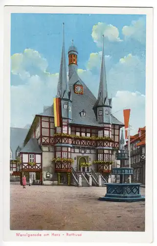 AK, Wernigerode am Harz, Rathaus, beflaggt, Frühe DDR-Farbkarte, 1953