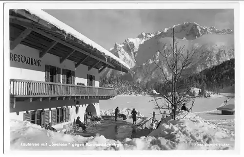 AK, Mittenwald, Lautersee mit Restaurant Seeheim, Winteransicht, 6.3.42