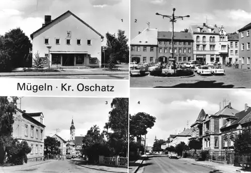 AK, Mügeln Kr. Oschatz, vier Abb., u.a. Kino, 1985