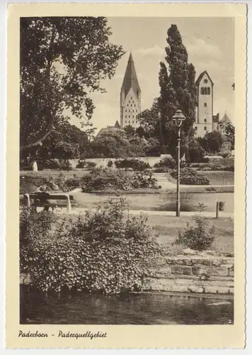 AK, Paderborn, Paderquellgebiet mit Blick zur Kirche, um 1957