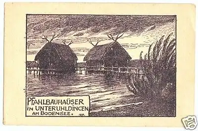 AK, Unteruhldingen Bodensee, Pfahlbaumhäuser, Künstlerk