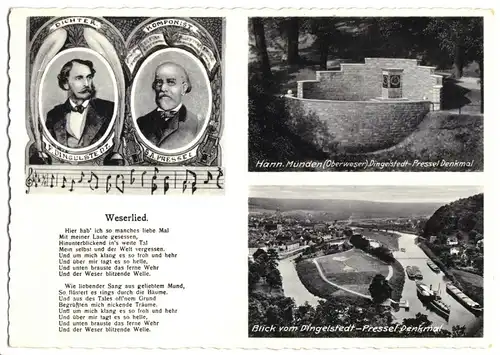 AK, Hann. Münden, Weserlied, Dingelstadt-Pressel Denkmal, drei Abb., um 1938