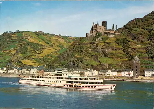 AK, St. Goarshausen, Fahrgastschiff "Loreley" vor Burg Katz, 1980