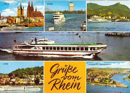 AK, Grüße vom Rhein, sechs Abb., u.a. Rheinschiff "Rheipfeil", um 1980