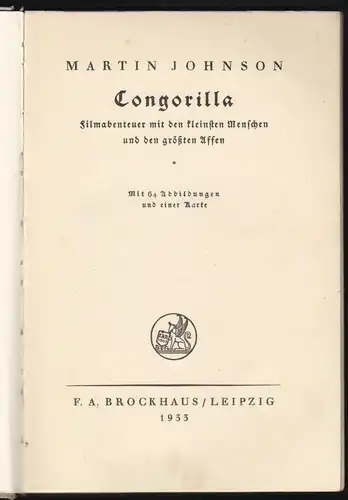 Johnson, Martin; Congorilla, F. A. Brockhaus, 1933